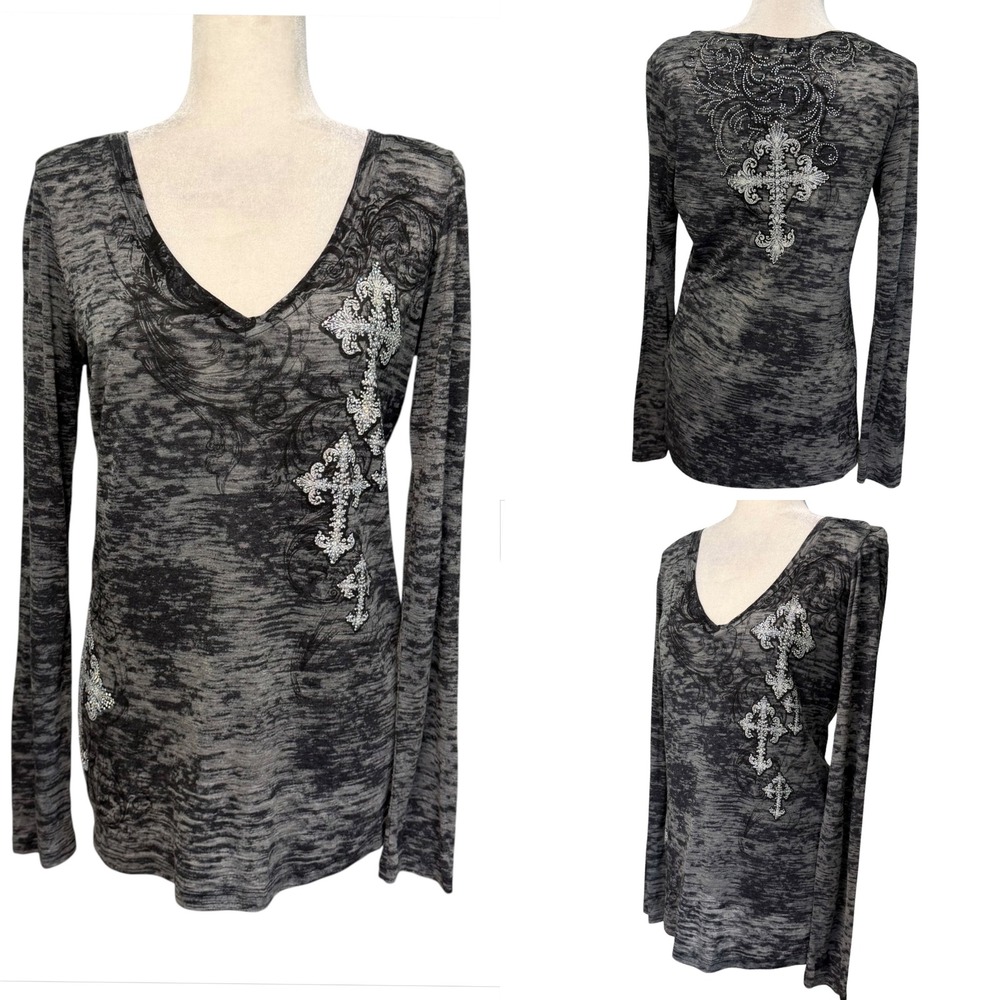 Vocal Tunic Top Women XL Long Sleeve Burnout Rhinestone Cross Graphic Gothic